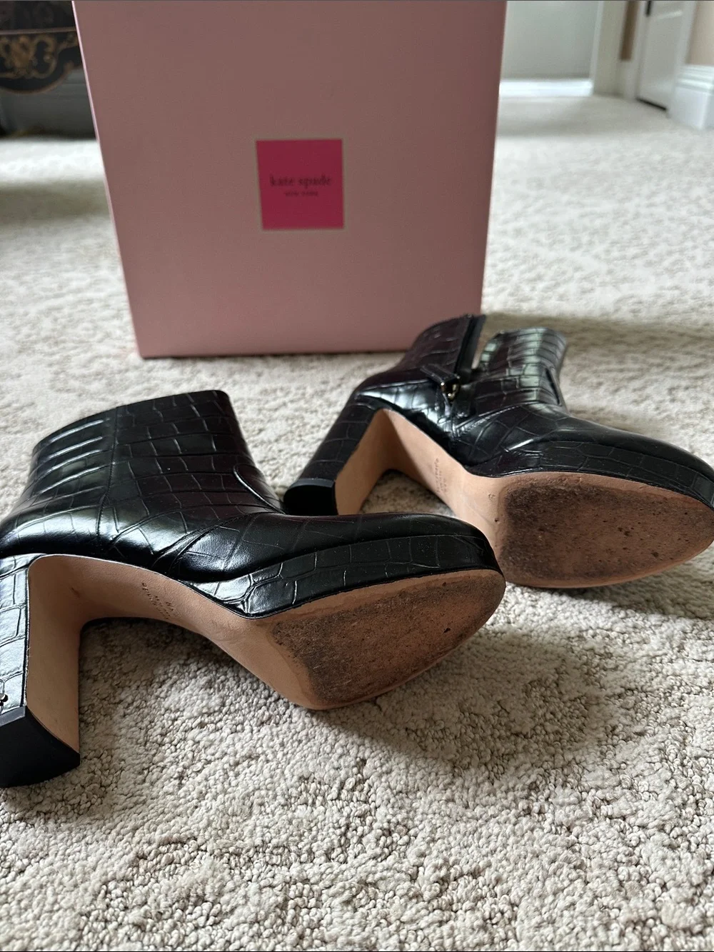kate spade Black Croc-Embossed Platform Ankle Boots